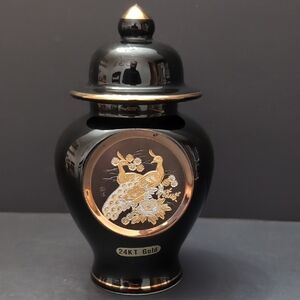 Vintage Japanese Art Of Chokin 24kt Gold Black Porcelain Lidded Jar.